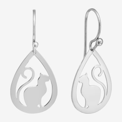Silver Treasures Cat Womens Sterling Silver Drop Earrings