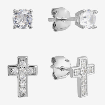 Silver Treasures Stud 2 Pair Cubic Zirconia Cross Earring Set