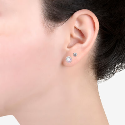 Silver Treasures Stud Womens Cubic Zirconia Sterling Silver 2 Pair Earring Set
