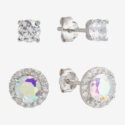 Silver Treasures Stud Womens Cubic Zirconia Sterling Silver 2 Pair Earring Set