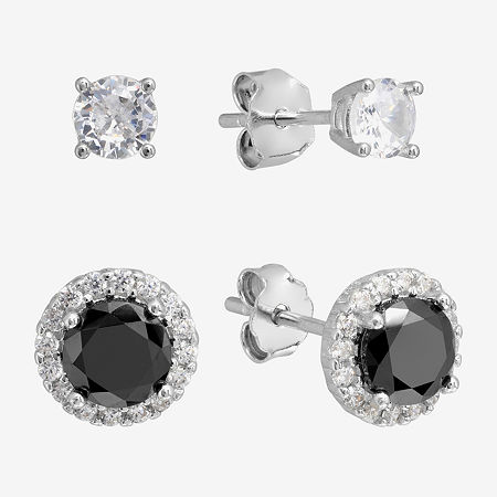 Silver Treasures Stud Womens Cubic Zirconia Sterling Silver 2 Pair Earring Set, One Size
