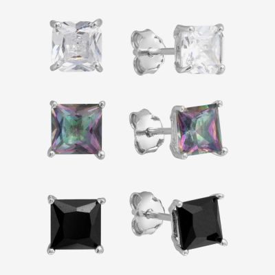 Silver Treasures Stud Womens Cubic Zirconia Sterling Silver 3 Pair Earring Set