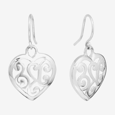 Filagree Pure Silver Over Brass Heart Drop Earrings