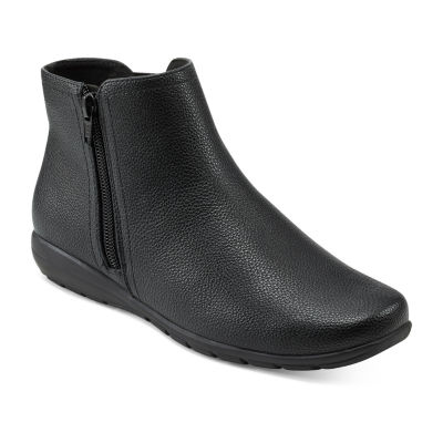 Black leather booties flat heel sale