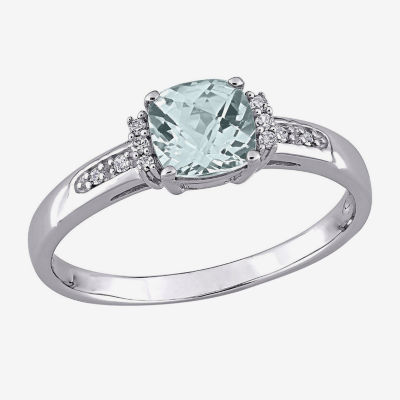 Modern Bride Gemstone Womens Diamond Accent Genuine Blue Aquamarine 10K White Gold Cushion Engagement Ring