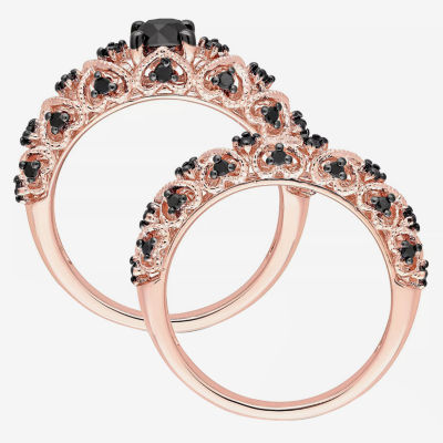 Midnight Black Womens 1 CT. T.W. Natural Diamond 18K Rose Gold Over Silver Round Bridal Set