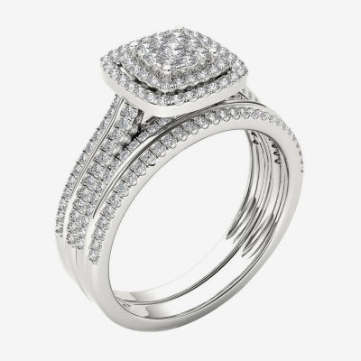 Womens 1/2 CT. T.W. Natural White Diamond 10K White Gold Cushion Halo Bridal Set