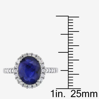 Modern Bride Gemstone Womens 3/8 CT. T.W. Genuine Blue Sapphire 14K Gold Oval Side Stone Halo Engagement Ring