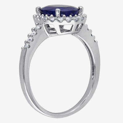 Modern Bride Gemstone Womens 3/8 CT. T.W. Genuine Blue Sapphire 14K Gold Oval Side Stone Halo Engagement Ring