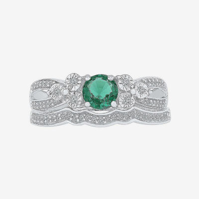 Modern Bride Gemstone Lab Created Emerald & 1/5 CT. T.W. Diamond Sterling Silver Bridal Set