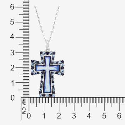 Womens Blue Mother Of Pearl Sterling Silver Cross Pendant Necklace