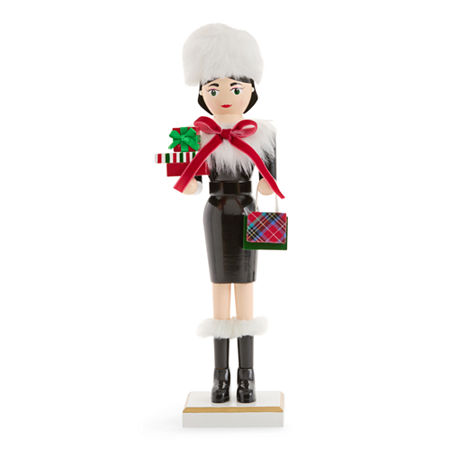 North Pole Trading Co . 14in Shopper Girl Wood Christmas Nutcracker In Black