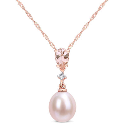 Womens Diamond Accent Dyed Pink Cultured Freshwater Pearl 10K Rose Gold Pendant Necklace