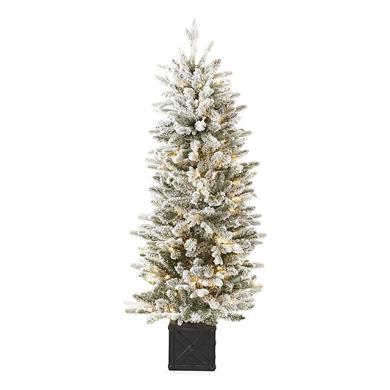 North Pole Trading Co. 5 Foot Burlington Fir Slim LED Pre-Lit Flocked Potted Christmas Tree