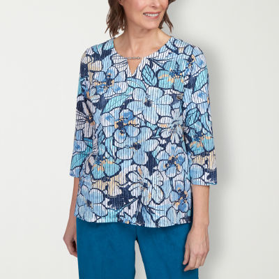 Alfred Dunner Classics Womens Split Crew Neck 3/4 Sleeve T-Shirt