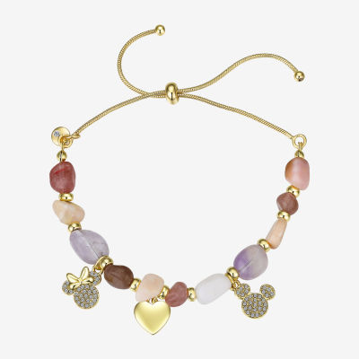 Disney Classics Womens Pink Quartz 14K Gold Over Brass Heart Mickey Mouse Minnie Mouse Bolo Bracelet