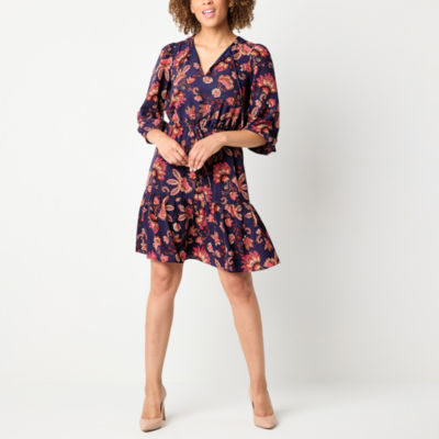 Willow Glenn Womens 3/4 Sleeve Floral Fit + Flare Dress