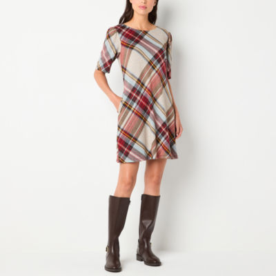 R & K Originals Plaid Womens Short Sleeve Shift Dress