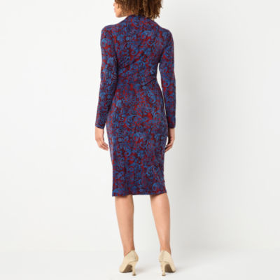 Connected Apparel Womens Long Sleeve Scroll Midi Sheath Dress