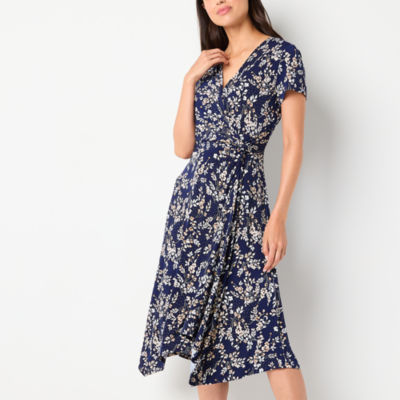 Perceptions Womens Petite Short Sleeve Floral Midi Fit + Flare Dress