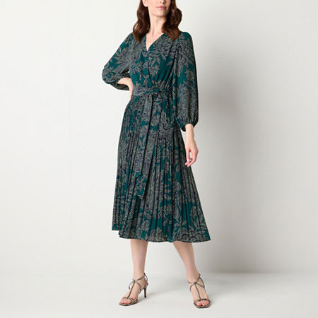 Ryegrass Womens 3/4 Sleeve Floral Midi A-Line Dress, X-small, Green