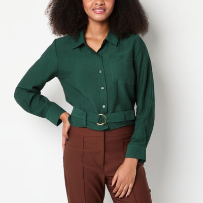 by&by Juniors Womens Long Sleeve Boxy Fit Button-Down Shirt