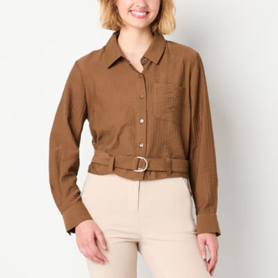 by&by Juniors Womens Long Sleeve Boxy Fit Button-Down Shirt