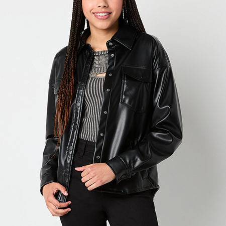 Arizona Faux Leather Midweight Womens Juniors Shirt Jacket, X-large, Black