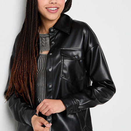 Arizona Faux Leather Midweight Womens Juniors Shirt Jacket, X-large, Black