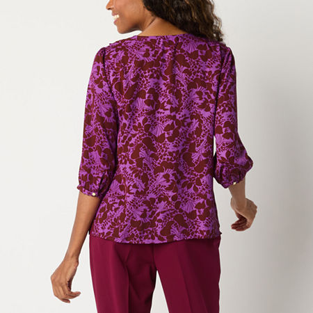 Liz Claiborne Womens V Neck 3/4 Sleeve Blouse, Petite Small, Purple