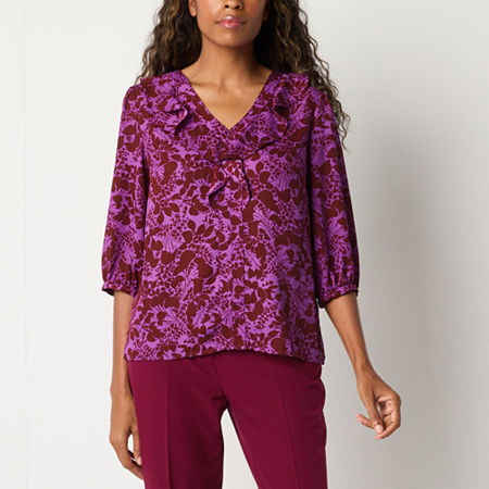 Liz Claiborne Womens V Neck 3/4 Sleeve Blouse, Petite Small, Purple