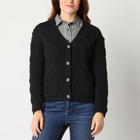 St. John's Bay Womens V Neck Long Sleeve Button Cardigan, Petite X-small, Black