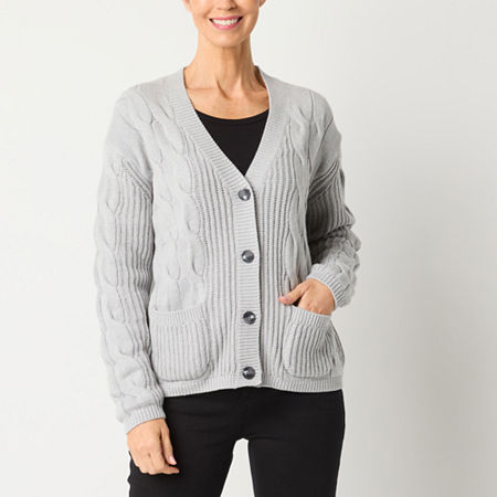 St. John's Bay Womens V Neck Long Sleeve Button Cardigan, Petite Xx-large, Gray