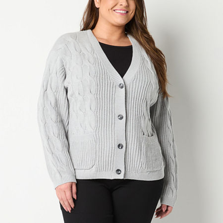 St. John's Bay Plus Womens V Neck Long Sleeve Open Front Cable Knit Cardigan, 1x, Gray