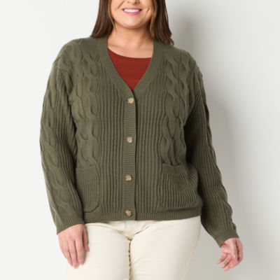 St. John's Bay Plus Womens V Neck Long Sleeve Open Front Cable Knit Cardigan
