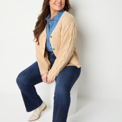 St. John's Bay Plus Womens V Neck Long Sleeve Open Front Cable Knit Cardigan