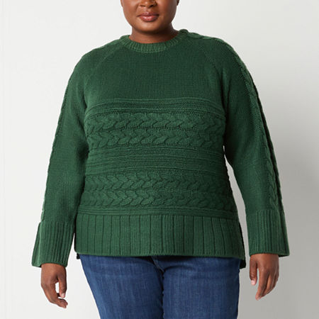 St. John's Bay Plus Womens Crew Neck Long Sleeve Cable Knit Pullover Sweater