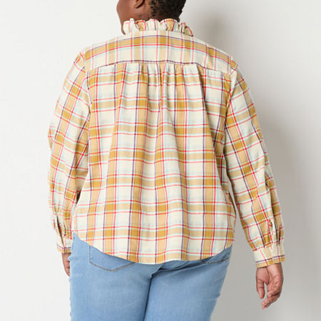 Thumbnail 2 of St. John's Bay Womens Asymmetrical Neck Long Sleeve Plus Blouse, 1x, Beige