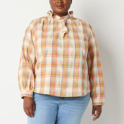 St. John's Bay Womens Plus Asymmetrical Neck Long Sleeve Blouse