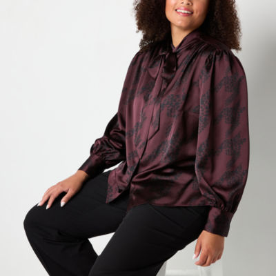 Worthington Plus Womens Henley Neck Long Sleeve Satin Blouse