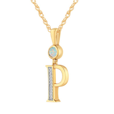 P" Womens Lab Created White Opal 14K Gold Over Silver Pendant Necklace