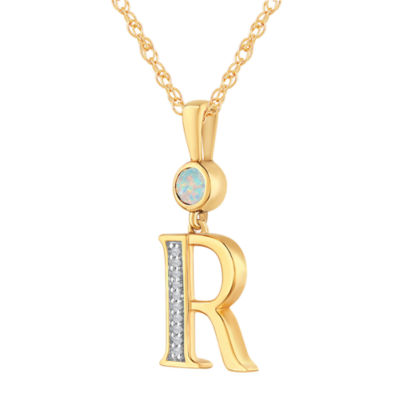 R" Womens Lab Created White Opal 14K Gold Over Silver Pendant Necklace