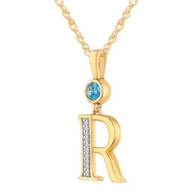 "R" Womens Genuine Blue Topaz 14K Gold Over Silver Pendant Necklace