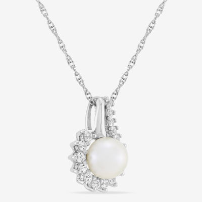 Womens White Cultured Freshwater Pearl Sterling Silver Cushion Pendant Necklace