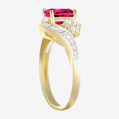 Womens Lab Created Red Ruby 14K Gold Over Silver Crossover Side Stone Cocktail Ring