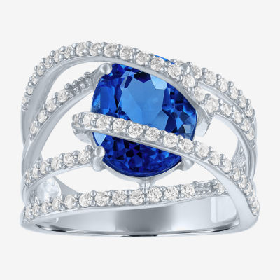 Womens Blue & White Lab-Created Sapphire Sterling Silver Cocktail Ring