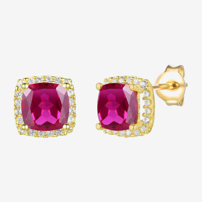 Lab Created Red Ruby 14K Gold Over Silver 6.5mm Cushion Stud Earrings