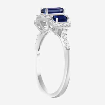 Womens Lab Created Blue Sapphire Sterling Silver Halo Side Stone Cocktail Ring