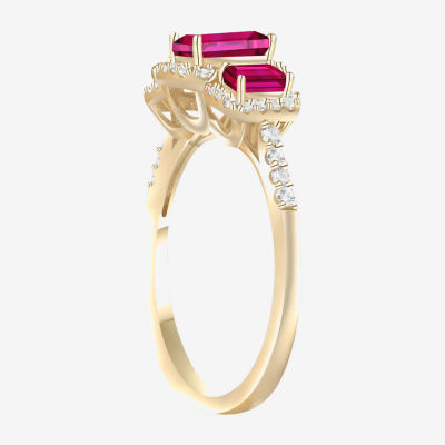 Womens Lab Created Red Ruby 14K Gold Over Silver Halo 3-Stone Cocktail Ring