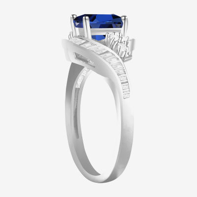 Womens Lab Created Blue Sapphire Sterling Silver Crossover Side Stone Cocktail Ring